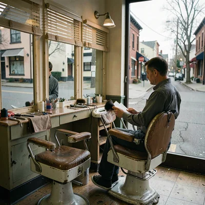 Quiet small town photography, contemplative scene, A barbershop with two old cha