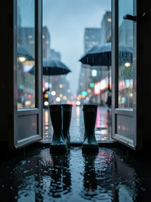 A pair of rain boots standing in a doorway, a puddle forming around them, the ra