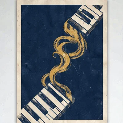 Bold riso poster of halftone piano keys spilling into curling smoke in deep blue