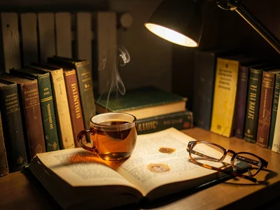 Tea cup resting on open novel with ring stain