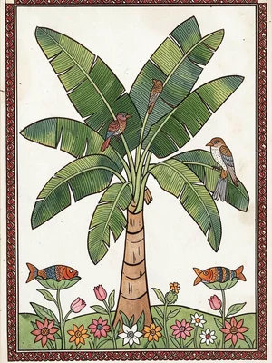 Swaying banana tree — overlapping leaf layers with birds perched, ground flowers