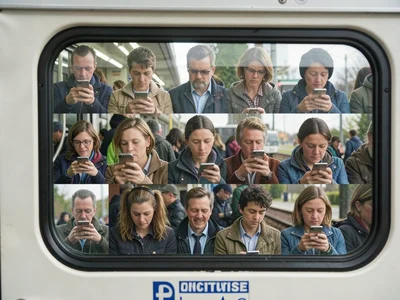 Fifteen layers of commuters visible through train window reflections, each face 