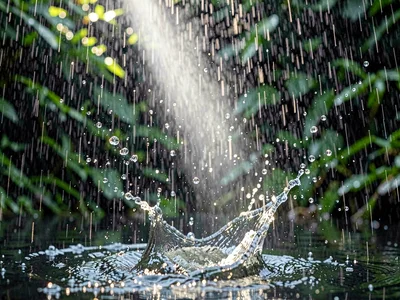 Rain through light beam showing drops
