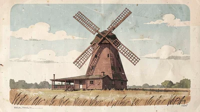 Casein illustration, windmill on prairie , milk-based paint, vintage matte finis