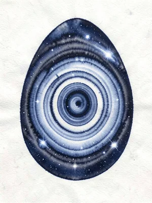 A celestial Easter egg — a large ovoid form rendered in concentric suminagashi r