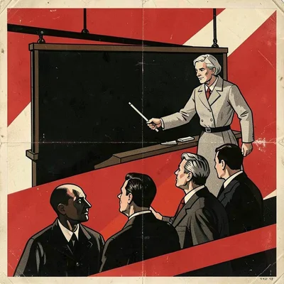Soviet constructivist poster illustration, a teacher at blackboard with students