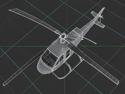 A helicopter from above with rotor blades described as thin sweeping edge arcs a
