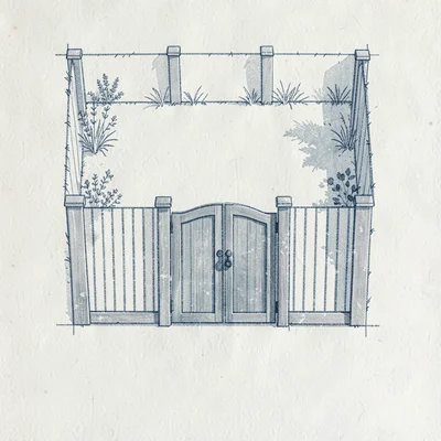 Top-down schematic of a backyard fence with corner posts and a single double gat