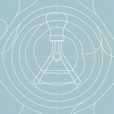 Plan-view diagram of two feet aligned over a plumb-bob shape, faint isobar curve
