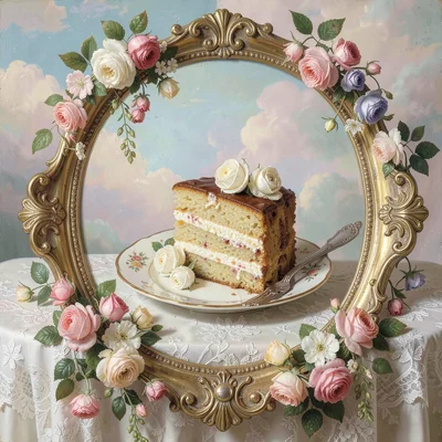 Layered cake slice on a china plate, fork beside it, cream roses decorating the 