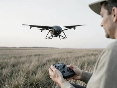 Drone hovering at eye level in an open field, controller in operator's hands in 