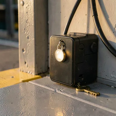 Warm corner of a charging dock with a tracker docked, soft pendant glow, brass k
