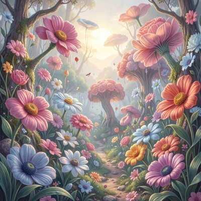 Neural network style illustration, garden of surreal flowers , diffusion model a