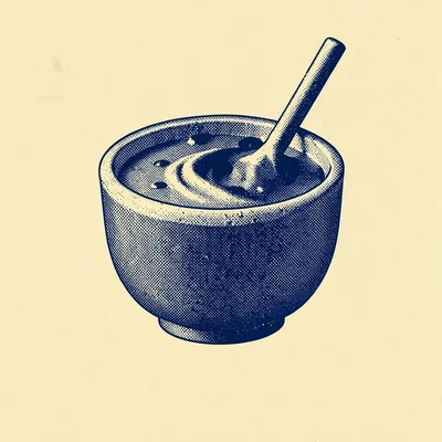 Riso style menu-card motif of a halftone smoothie bowl in spot navy on butter ye