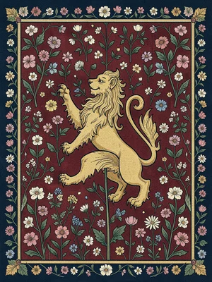 Heraldic Lion Rampant on Red Millefleur