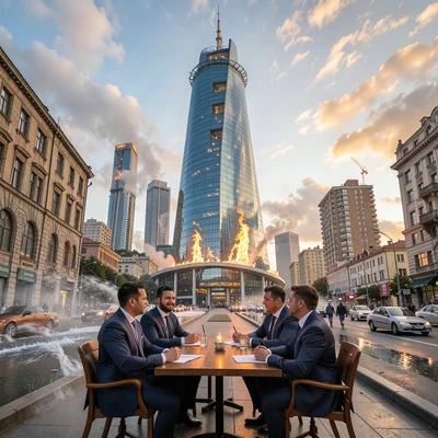 Oil-baron nouveau meeting Flame Tower modernity in windy Baku, seaside boulevard