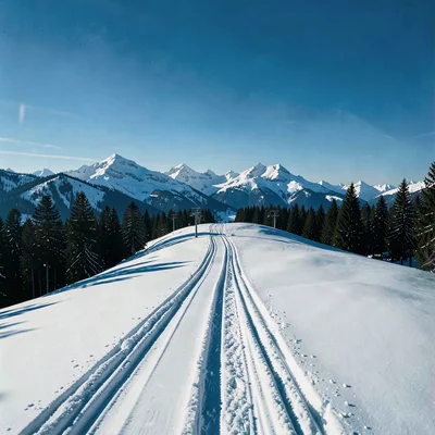 Crisp Alpine clarity, formal composition, Ski tracks cutting perfect parallel li