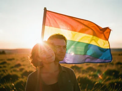 Sunset through rainbow flag creating warm filtered light on faces