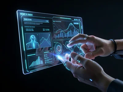 Hands interacting with a transparent holographic display showing data visualizat