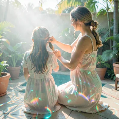 Soft diffused tropical light filtering through water vapor, A mother braiding he