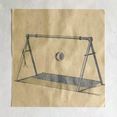 Riso poster of a stylized triathlon transition rack in mustard and slate spot in