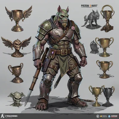 Video game concept art illustration, a monster hunter in specialized gear, troph