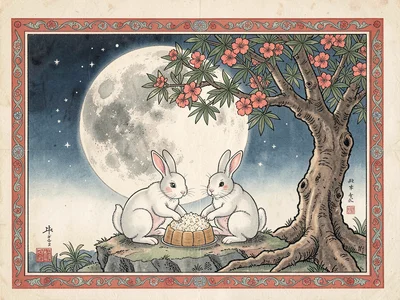 Pair of rabbits on the moon pounding rice cake beneath a cassia tree