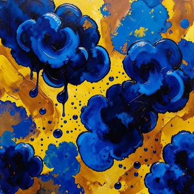 Ink drops dispersing in water, forming organic cloud shapes in deep blue and amb