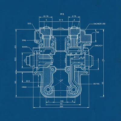 An engine cross-section: pistons, crankshaft, camshaft, valves, oil passages, an