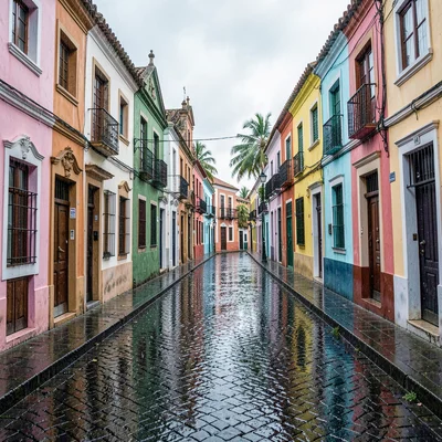 Salvador Pelourinho color, Bahian colonial saturation, A cobblestone street wet 