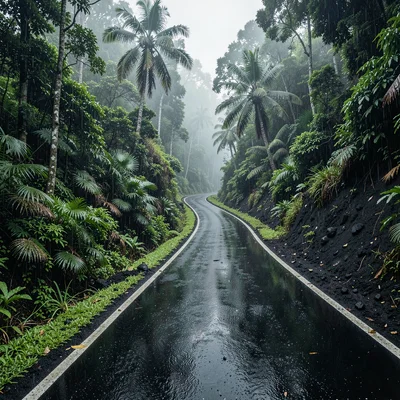 Stark black volcanic surfaces against verdant green, A winding road cut through 