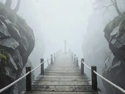 Plank footbridge crossing a misty chasm, opposite anchor lost in white, only the
