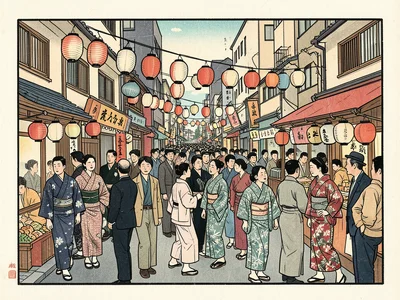 A street at festival time: paper lanterns, a food stall, a taiko drummer, crowd 