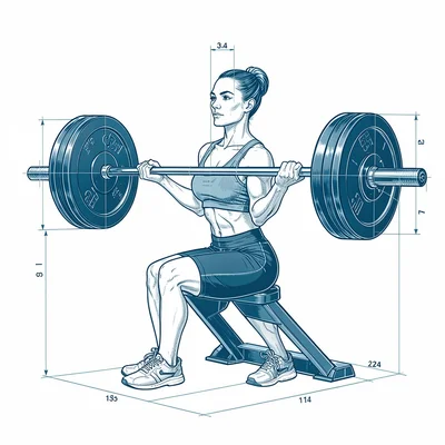 Technical blueprint illustration of a barbell back-squat in side profile, every 