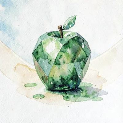 Emerald-glass faceted lowpoly apple resting upright with a tiny faceted stem and