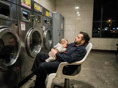 Laundromat at midnight, young father asleep in plastic chair, infant against his