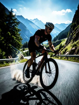 Cyclist silhouette filled with mountain switchback road, double exposure