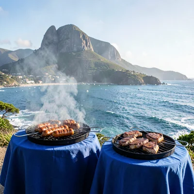 Cape Town mountain-sea duality, Table Mountain backdrop, braai grill with boerew