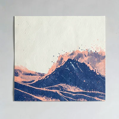 Bold riso style record sleeve of a halftone wave breaking in indigo and coral sp
