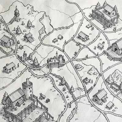 hand-drawn workshop route map across a fictional region, no text