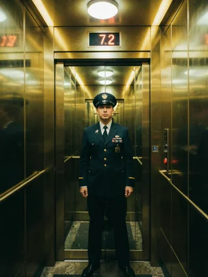 An elevator interior in brass and mirror, a uniformed operator, the floor indica