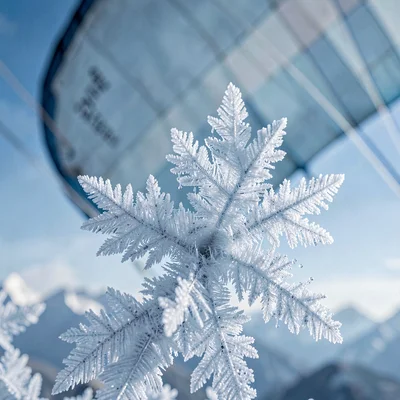paraglider canopy against a cool alpine sky, frost-blue palette