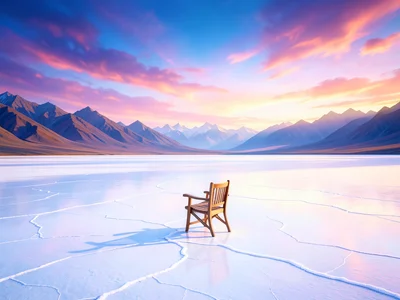 Landscape of solitude — vast white salt flat, single chair, distant mountains, s