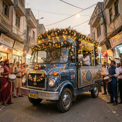 Elaborate decoration surviving dusty Lahore streets, Wedding truck decorated wit