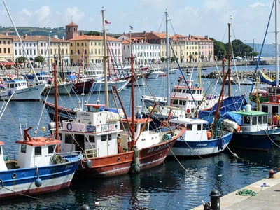 Fishing boats packed in harbor
