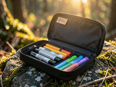 Pencil case unzipped showing organized contents, pens markers highlighters