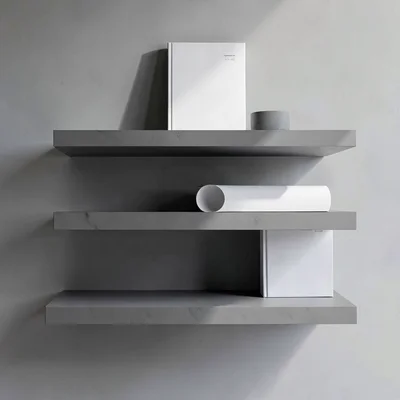 Tiered shelf display of three abstract conference notebooks stepping back into d