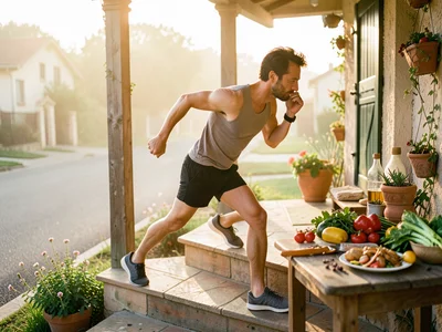 Runner stretching on front porch steps, suburban street, golden morning fog