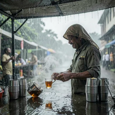 Monsoon season photograph, heavy rain atmosphere, A chai wallah pouring tea betw