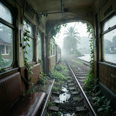 Tropical light on Sri Lankan colonial decay, Monsoon rain hitting train windows,
